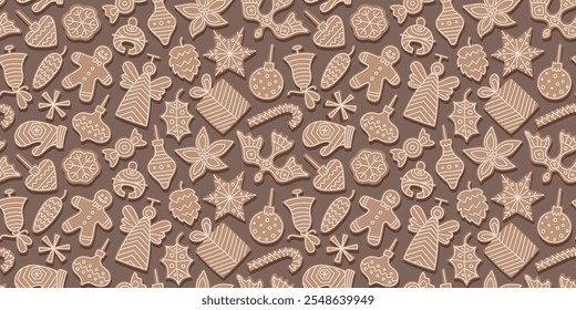 Christmas gingerbread cookies seamless pattern. Traditional holiday sweets for kids. Background for wrapping paper, card.