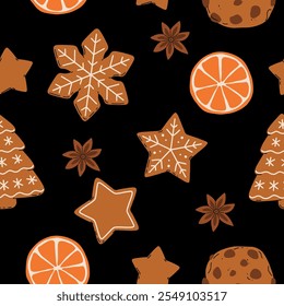 Christmas Gingerbread Cookies seamless pattern. Winter sweet homemade biscuits in different shapes.