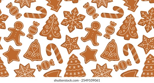 Christmas Gingerbread Cookies seamless pattern. Winter sweet homemade biscuits in different shapes.