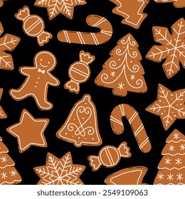 Christmas Gingerbread Cookies seamless pattern. Winter sweet homemade biscuits in different shapes.