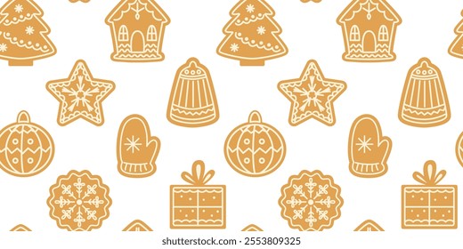 Christmas gingerbread cookies seamless pattern. Traditional xmas biscuits. Gingerbread house. Homemade sweets, children's treat. Vector background, wallpaper, backdrop.