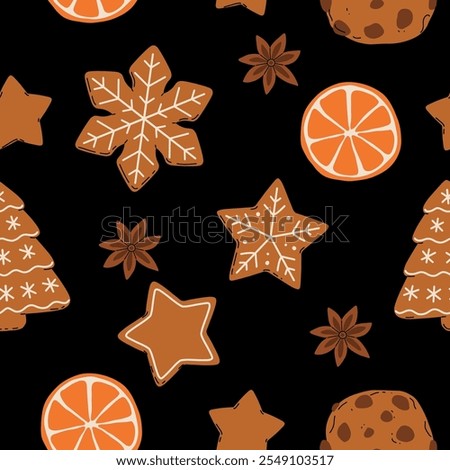 Christmas Gingerbread Cookies seamless pattern. Winter sweet homemade biscuits in different shapes.