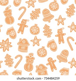 Christmas gingerbread cookies seamless vector pattern. Holiday hand drawn background with sugar coating biscuits. Winter sweets and candies white texture