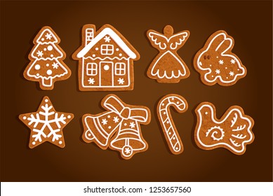 Christmas gingerbread cookies set animal collection, tree, house, angel, rabbit, snowflake, bells, lollipop, dove, vector illustration