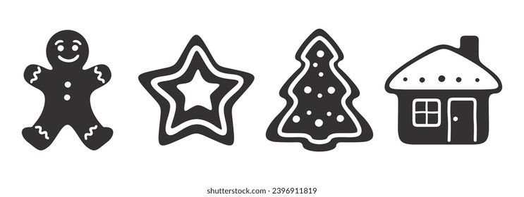 Christmas gingerbread cookies. Set of black silhouettes of gingerbread cookies isolated on a white background. Vector illustration. Hand-drawn illustration, not AI