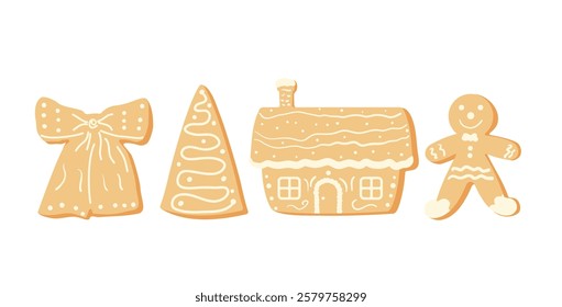 Christmas gingerbread cookies set. Bow, Christmas tree and gingerbread man with house sweets collection. Festive decorated baking collection. Vector illustration isolated on white background.