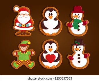 Christmas gingerbread cookies set collection, snowman, Santa Claus, penguins, elves, vector illustration