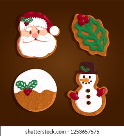 Christmas gingerbread cookies set collection, snowman, holly wood leaf, Santa Claus, vector illustration