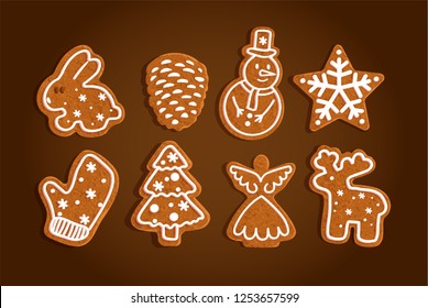Christmas gingerbread cookies set collection, animals, rabbit, cone, snowman, snowflake, mitten, tree, angel, reindeer, vector illustration