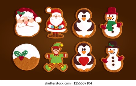 Christmas gingerbread cookies set collection, Santa Claus, reindeer, elf, snowman, vector illustration