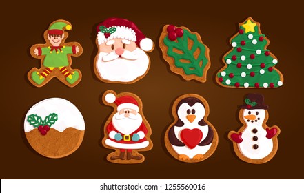 Christmas gingerbread cookies set collection, tree, Santa Claus, reindeer, elf, ball, snowman, vector illustration