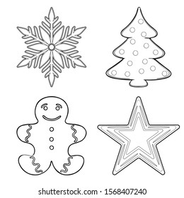 Christmas gingerbread cookies set. Design elements for winter holidays: cartoon gingerbread man, Xmas tree, snowflake, star. Hand drawn Vector illustration isolated on white background. Coloring book.