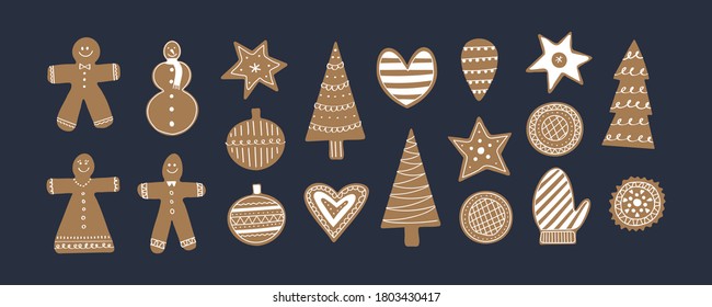 Christmas gingerbread cookies set. Flat hand drawn holiday pastry: man, woman, snowman, star, snowflake, bauble, tree, heart, pine, mitten. Xmas icing ginger cakes isolated on blue background.