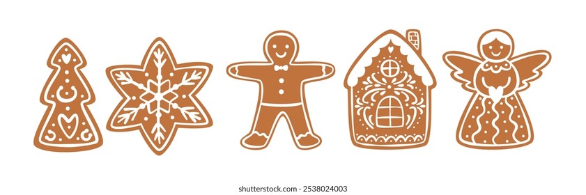 Christmas gingerbread cookies set. Holiday homemade xmas bakery in various shapes. Flat vector illustrations collection isolated on white background