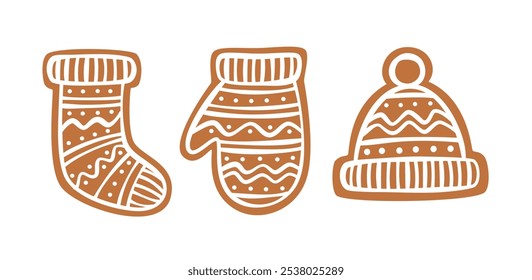 Christmas gingerbread cookies set. Holiday homemade xmas bakery in shapes of winter clothes. Flat vector illustrations collection isolated on white background