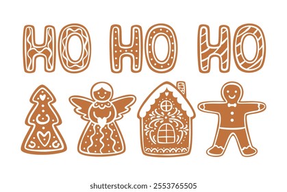 Christmas gingerbread cookies set. Holiday homemade xmas bakery in various shapes. Flat vector illustrations collection isolated on white background