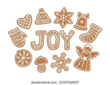 Christmas gingerbread cookies set. Holiday homemade xmas bakery in various shapes. Flat vector illustrations collection isolated on white background