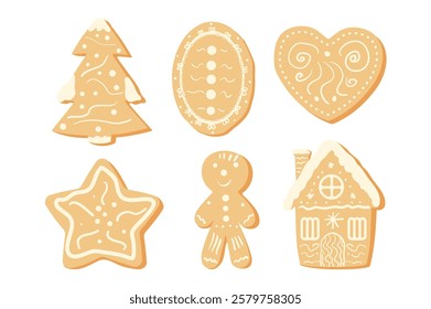 Christmas gingerbread cookies set. Homemade star, Christmas tree and gingerbread man with house sweets collection. Festive frosted baking. Vector illustration isolated on white background.