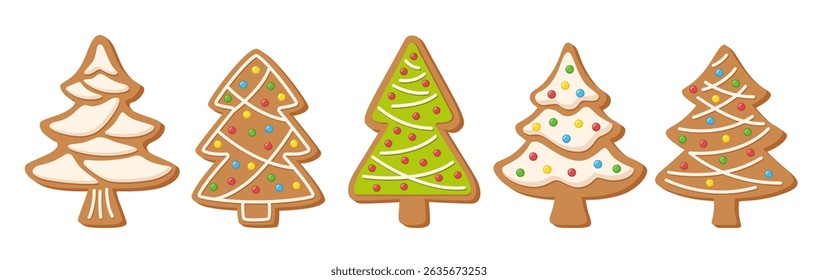 Christmas gingerbread cookies set. Gingerbread houses with decorations and patterns made of icing and confectionery sprinkles. A festive traditional treat, perfect for cards, packaging.