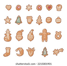 Christmas gingerbread cookies set on white background. Vector illustration.