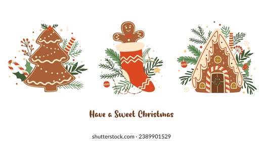 Christmas gingerbread cookies set. Tasty winter baked isolated vector element. Cute dessert decorated fir tree branches. Hand drawn food illustration collection for card, poster. New Year design.