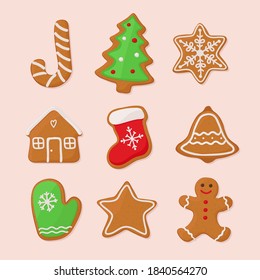 Christmas gingerbread cookies, set. Vector illustration in hand drawn, flat style