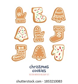 Christmas Gingerbread Cookies Set. Vector illustrations with traditional holiday pastry. Colorful modern hand drawn style with decorative texture isolated on white background.