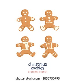 Christmas Gingerbread Cookies Set. Vector illustrations with traditional holiday pastry. Colorful modern hand drawn style with decorative texture isolated on white background.