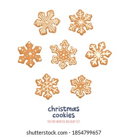 Christmas Gingerbread Cookies Set. Vector illustrations with traditional holiday pastry. Colorful modern hand drawn style with decorative texture isolated on white background.