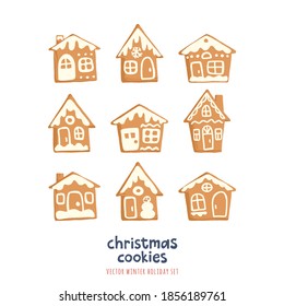 Christmas Gingerbread Cookies Set. Vector illustrations with traditional holiday pastry. Colorful modern hand drawn style with decorative texture isolated on white background.