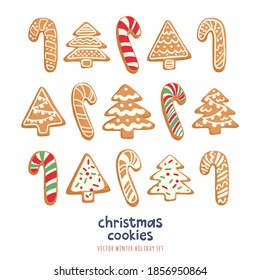 Christmas Gingerbread Cookies Set. Vector illustrations with traditional holiday pastry. Colorful modern hand drawn style with decorative texture isolated on white background.