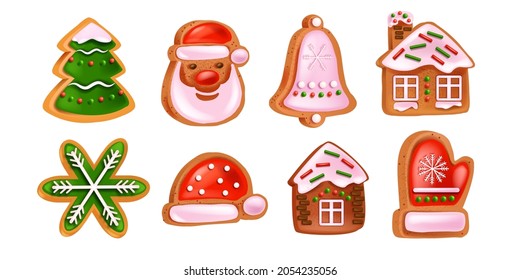 Christmas gingerbread cookies set, vector holiday winter dessert collection, Santa Claus face, bell, house. X-mas traditional season food, New Year hat, homemade pastry gift. Christmas gingerbread