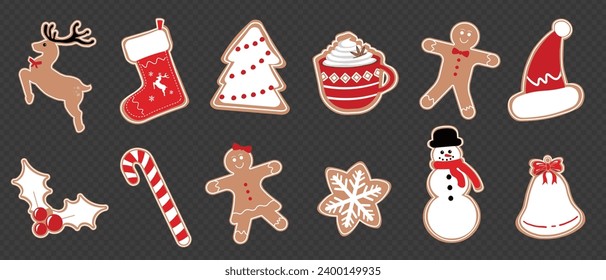 Cookies de Nochebuena. Colección de cookies vectoras aislada sobre fondo transparente Año Nuevo con vinagretas de jengibre dulce Snowman, sombrero de Santa, árbol de Navidad, copo de nieve, caña de caramelo, ciervo y otros.