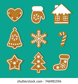 Christmas gingerbread cookies set. Vector flat style illustration