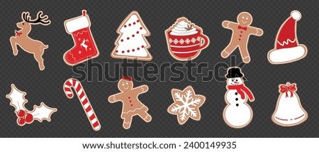 Christmas Gingerbread Cookies Set. Vector Cookies Collection Isolated on Transparent Background New Year Sweet Ginger Biscuits Snowman, Santa hat, Xmas tree, snowflake, candy cane, deer and else.