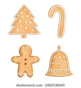 Christmas Gingerbread Cookies set in watercolor style. Vector illustration.