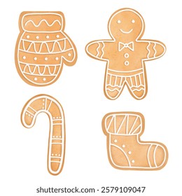 Christmas Gingerbread Cookies set in watercolor style. Vector illustration.