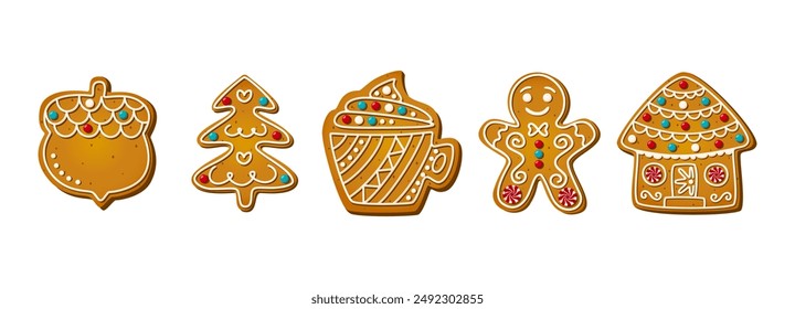 Christmas Gingerbread Cookies. Set of winter sweet spice biscuits in the different shapes and holiday items isolated on white background. Cute Cartoon vector illustration.