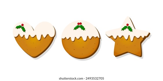 Navidades Galletas de jengibre. Conjunto de galletas caseras dulces de invierno en forma de diferentes Formas y artículos de vacaciones aislados sobre fondo blanco. Ilustración vectorial de dibujos animados