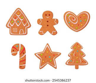 Christmas gingerbread cookies set. Winter Holidays biscuit ginger man, house, star, xmas tree, heart and candy. Cute sweet dessert decorated with icing. Cartoon vector illustration