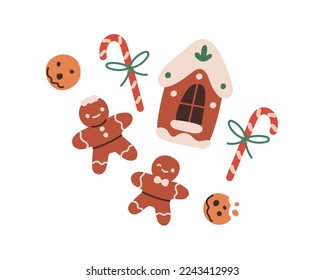 Christmas gingerbread, cookies set. Xmas ginger bread, bakery, candy canes. Winter holiday sweet with sugar icing. Festive traditional biscuits. Flat vector illustrations isolated on white background