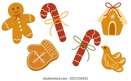 Christmas gingerbread, cookies set. Xmas ginger bread, bakery, candy canes. Winter holiday sweet with sugar icing. Festive traditional biscuits. Flat vector illustrations isolated on white background