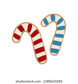 Christmas gingerbread cookies in shape of candy canes on white b