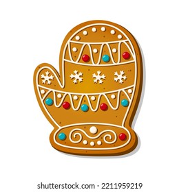 Christmas gingerbread cookies in shape of cute mitten. Winter homemade xmas sweet biscuit with candy and icing decoration. Cute cartoon Vector illustration