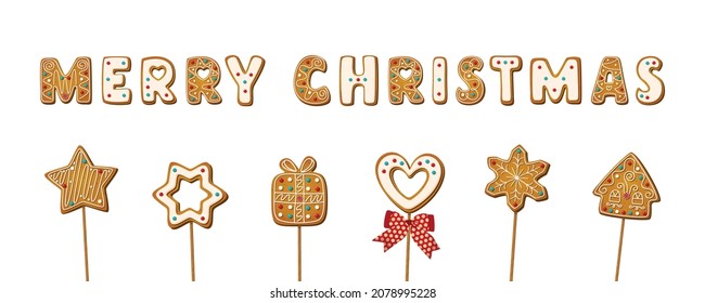 Christmas Gingerbread Cookies in shape of letters in phrase merry christmas on wooden stick in cartoon style. Cake pop with sweet biscuit for festive decoration isolated on white. Vector illustration