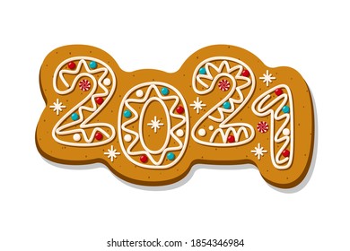 Christmas gingerbread cookies in the shape of the numbers 2021. Happy New Year. Vector illustration