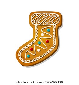 Christmas gingerbread cookies in shape of sock. Winter homemade xmas sweet biscuit in shape of sock. Cute cartoon Vector illustration