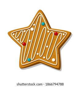 Christmas gingerbread cookies in the shape of a star with icing isolated on white background. Festive homemade cookies. Vector illustration