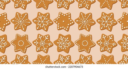 Christmas gingerbread cookies in shape of stars seamless pattern. Vector illustration holiday repeated background for wallpaper, gift paper, pattern fills, textile, greetings cards. Eps 10
