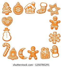 Christmas gingerbread cookies  square frame. Hand drawn vector illustration isolated on white background. Hand drawn vector. Greeting card poster, invitation, banner, flyer template design.